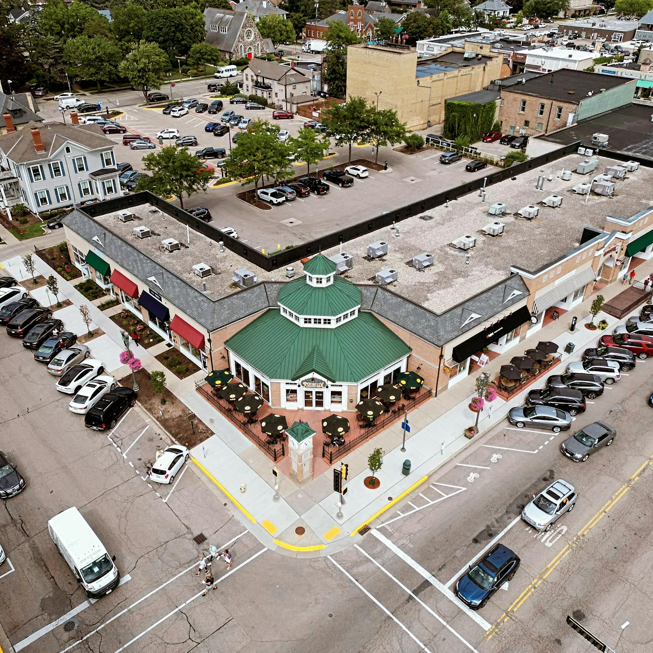 drone shot of the potbelly building lake geneva wisconsin